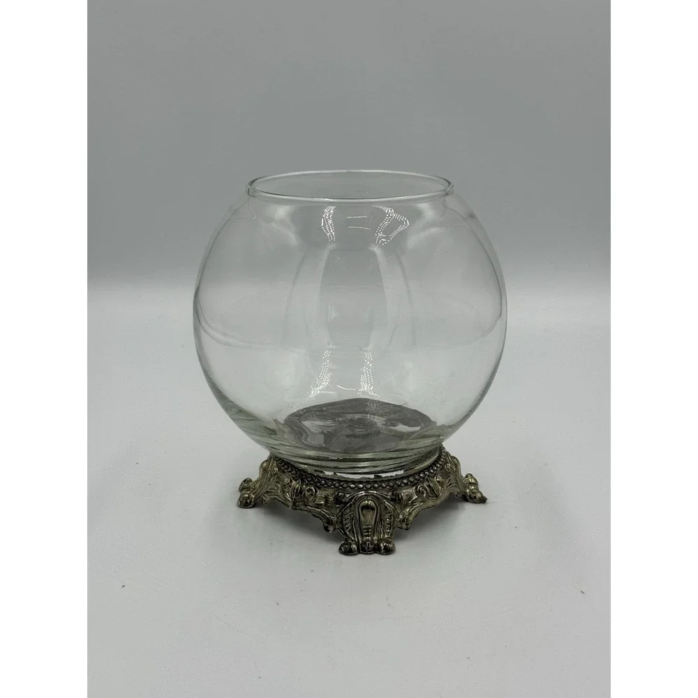 Vintage Glass Clear Fish Bowl Ornate with Metal Base Pedestal 5.5